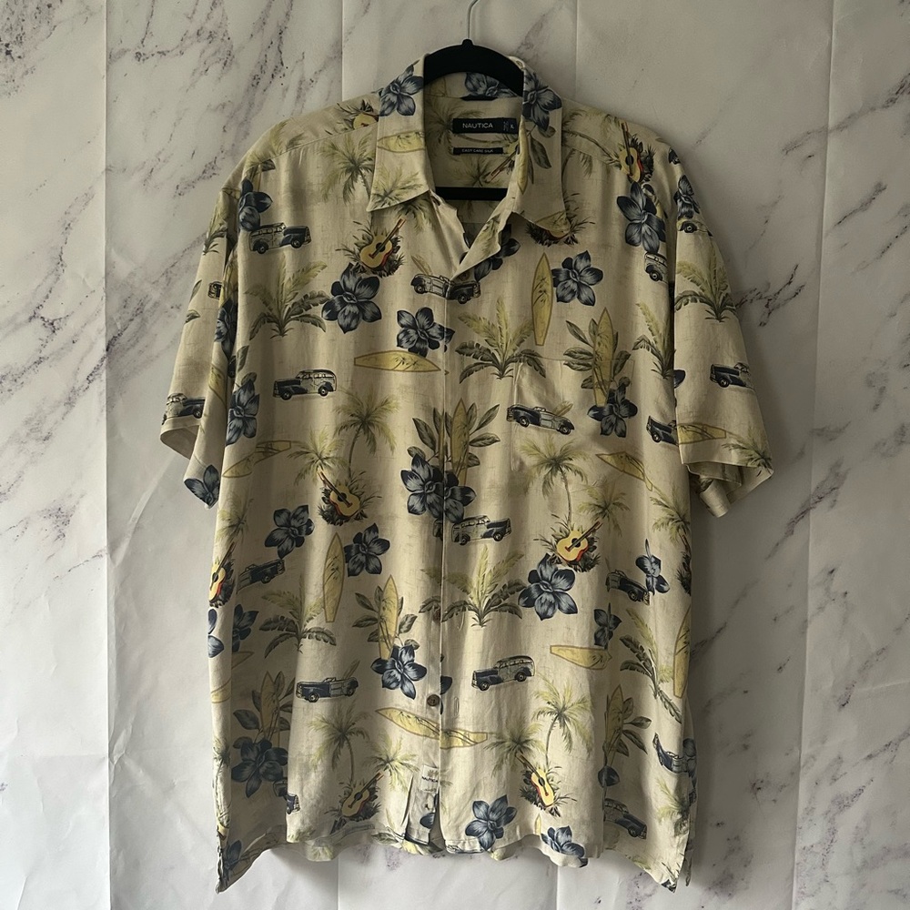 NAUTICA 100% SILK FLORAL SURFBOARD PRINT BUTTON DOWN SHORT SLEEVE SHIRT MEN XL